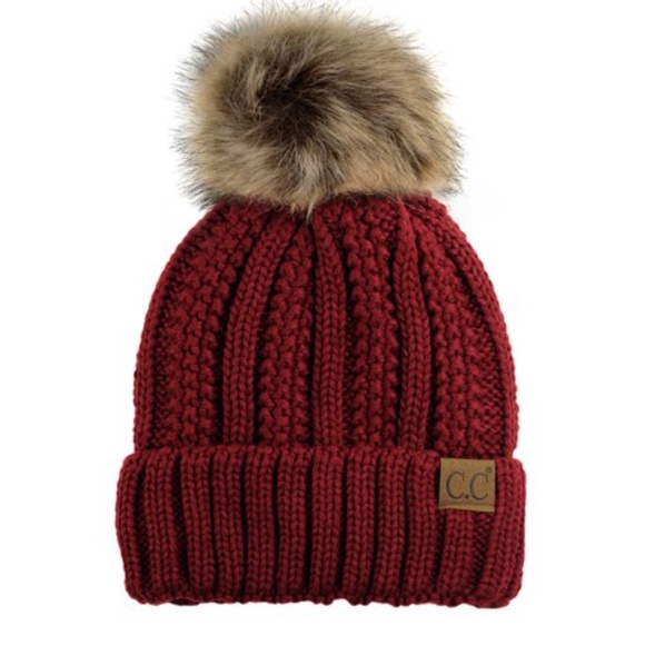 C.C Accessories - C.C Thick Cable Knit Faux Fuzzy Fur Pom Fleece Lined Skull Cap Cuff Beanie